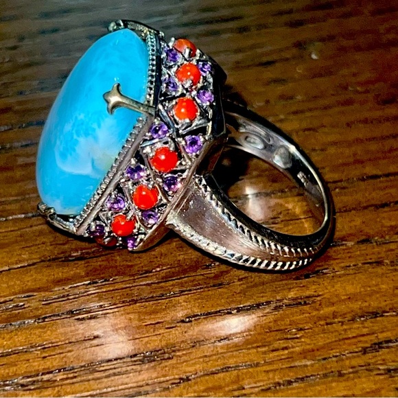 🌟I’m REAL & REAL pretty!🌟Genuine Silver, Turquoise, Coral & Amethyst Ring SZ 7 - Picture 2 of 15